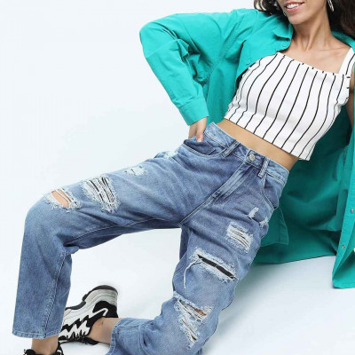 Women Blue Wide Leg Highly Distressed Heavy Fade Jeans